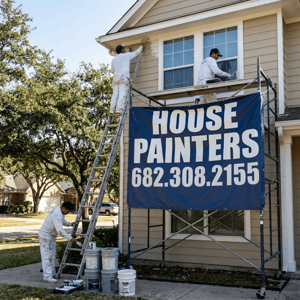 Three house painters using ladders and scaffolding to paint beige siding white