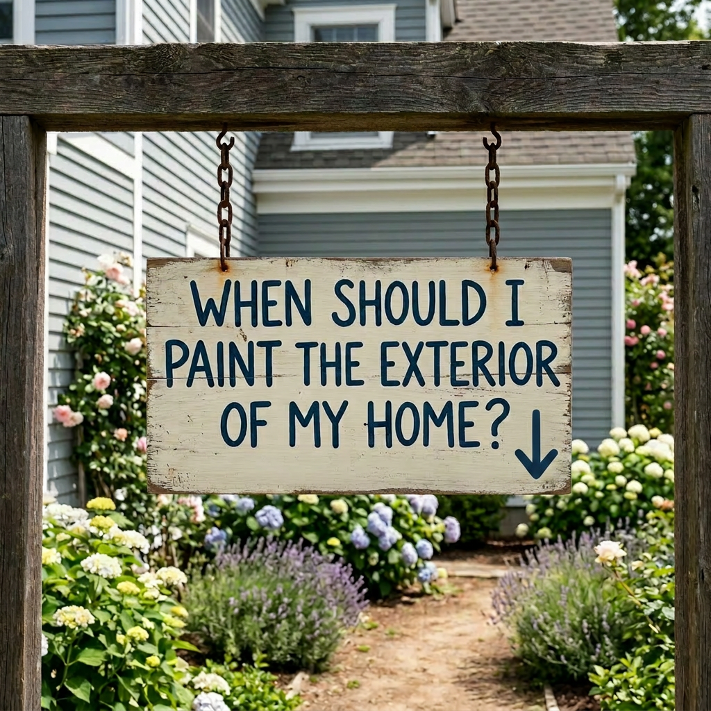 Wooden sign reading 'WHEN SHOULD I PAINT THE EXTERIOR OF MY HOME? 