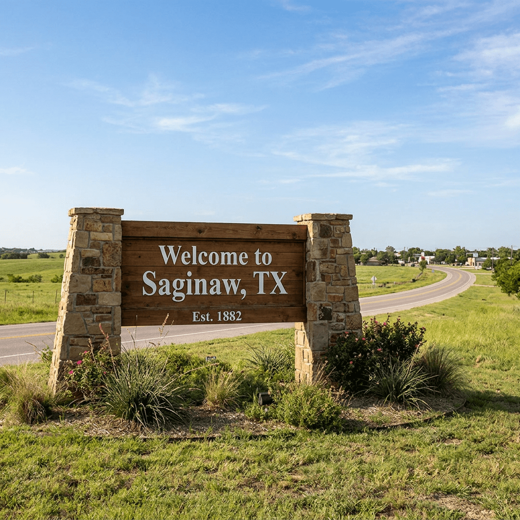 Wood and stone welcome sign for Saginaw, TX, established 1882, along rural roadside