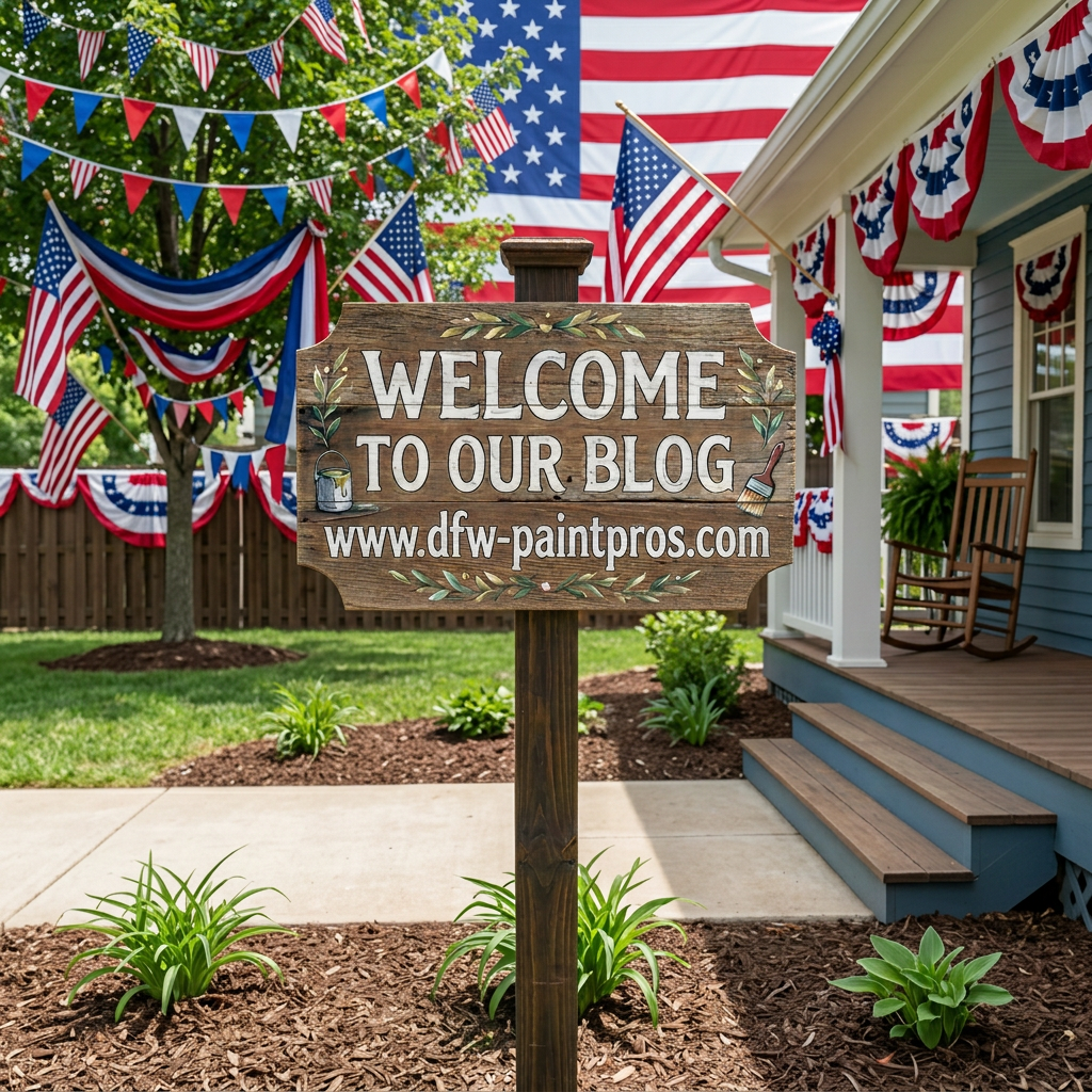 Wooden sign reading 'WELCOME TO OUR BLOG www.dfw-paintpros.com.