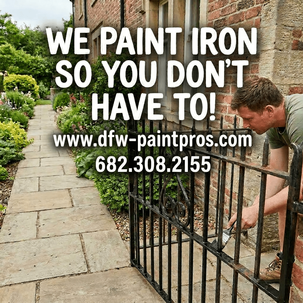 a sign that reads "we paint iron so you don't have to! www.dfw-paintpros.com-682.308.2155