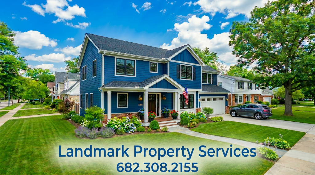 A freshly painted blue two-story house with white trim, garden flowers, and parked SUV. It says "Landmark Property Services" and give the phone number which is 682.308.2155